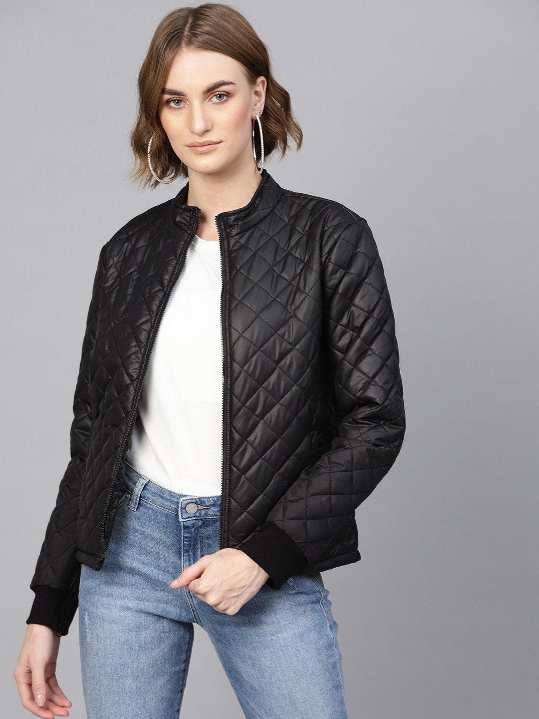 Women's Black Quilted Jacket With Zip On Sleeves - SASSAFRAS - Indiakreations