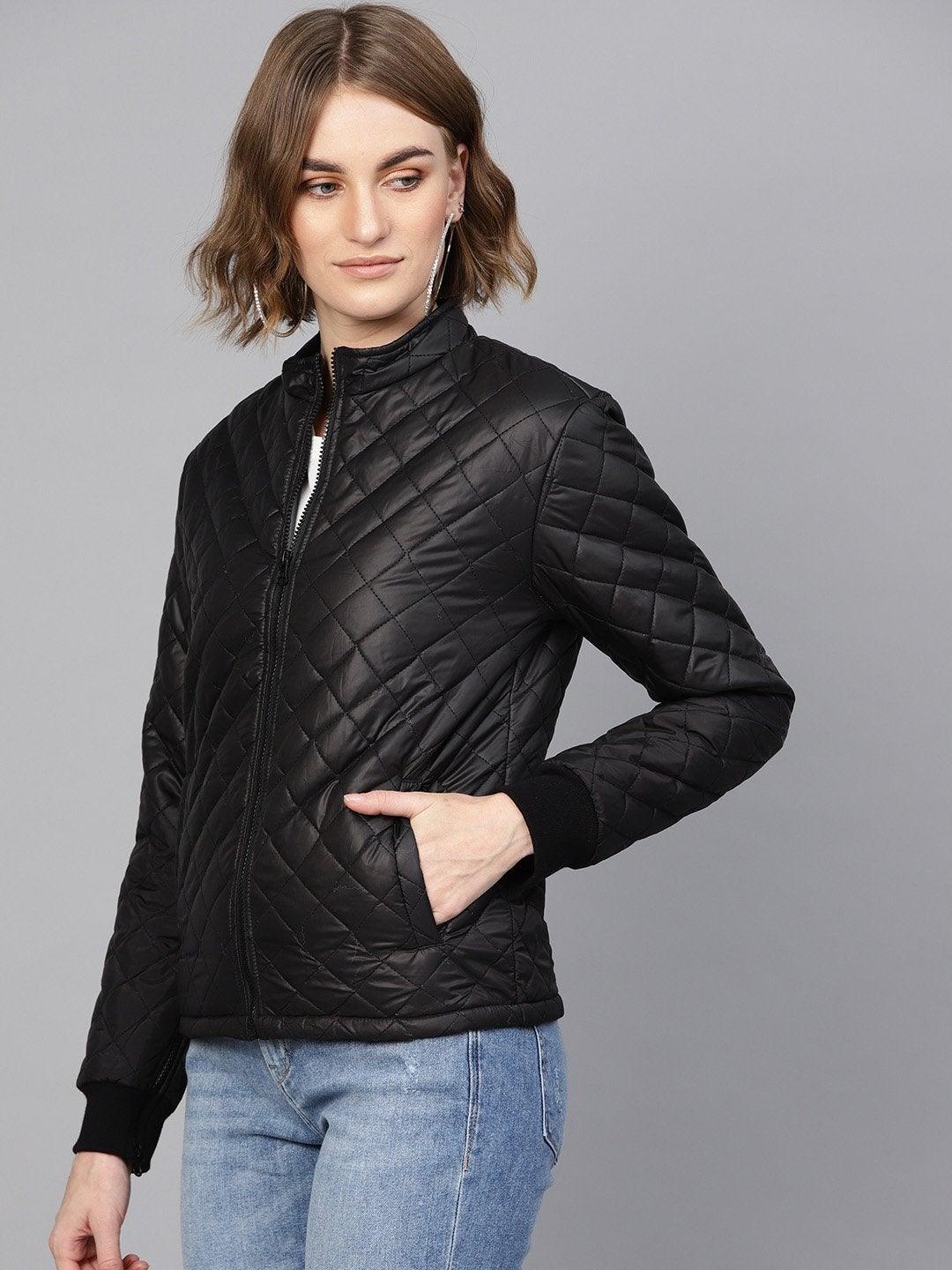 Women's Black Quilted Jacket With Zip On Sleeves - SASSAFRAS - Indiakreations