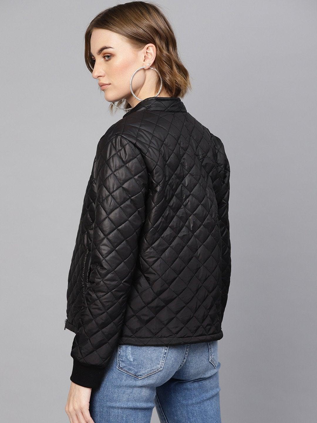 Women's Black Quilted Jacket With Zip On Sleeves - SASSAFRAS - Indiakreations