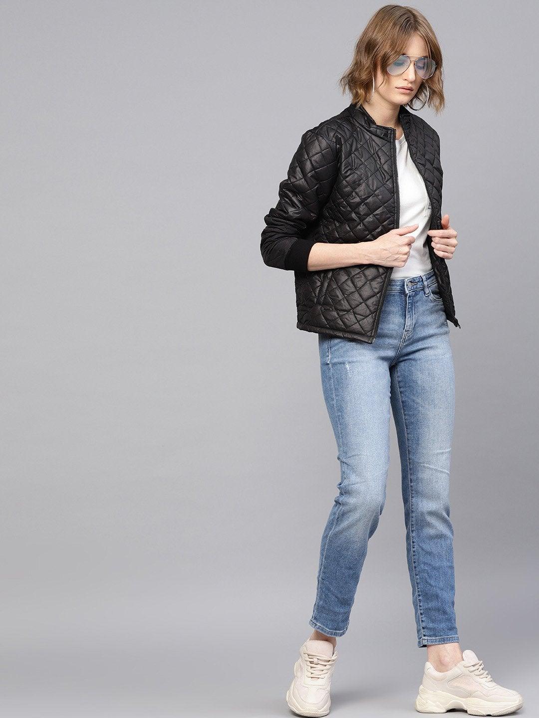 Women's Black Quilted Jacket With Zip On Sleeves - SASSAFRAS - Indiakreations