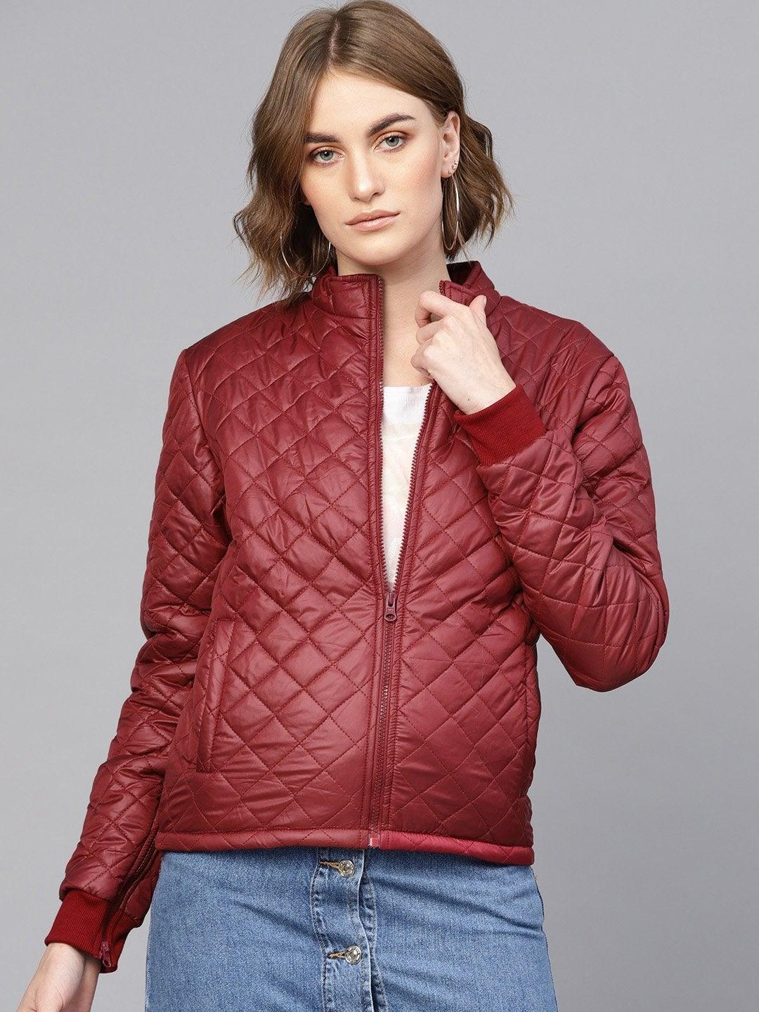 Women's Burgundy Quilted Jacket With Zip On Sleeves - SASSAFRAS - Indiakreations