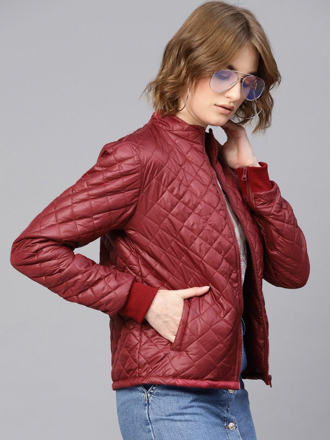 Women's Burgundy Quilted Jacket With Zip On Sleeves - SASSAFRAS - Indiakreations