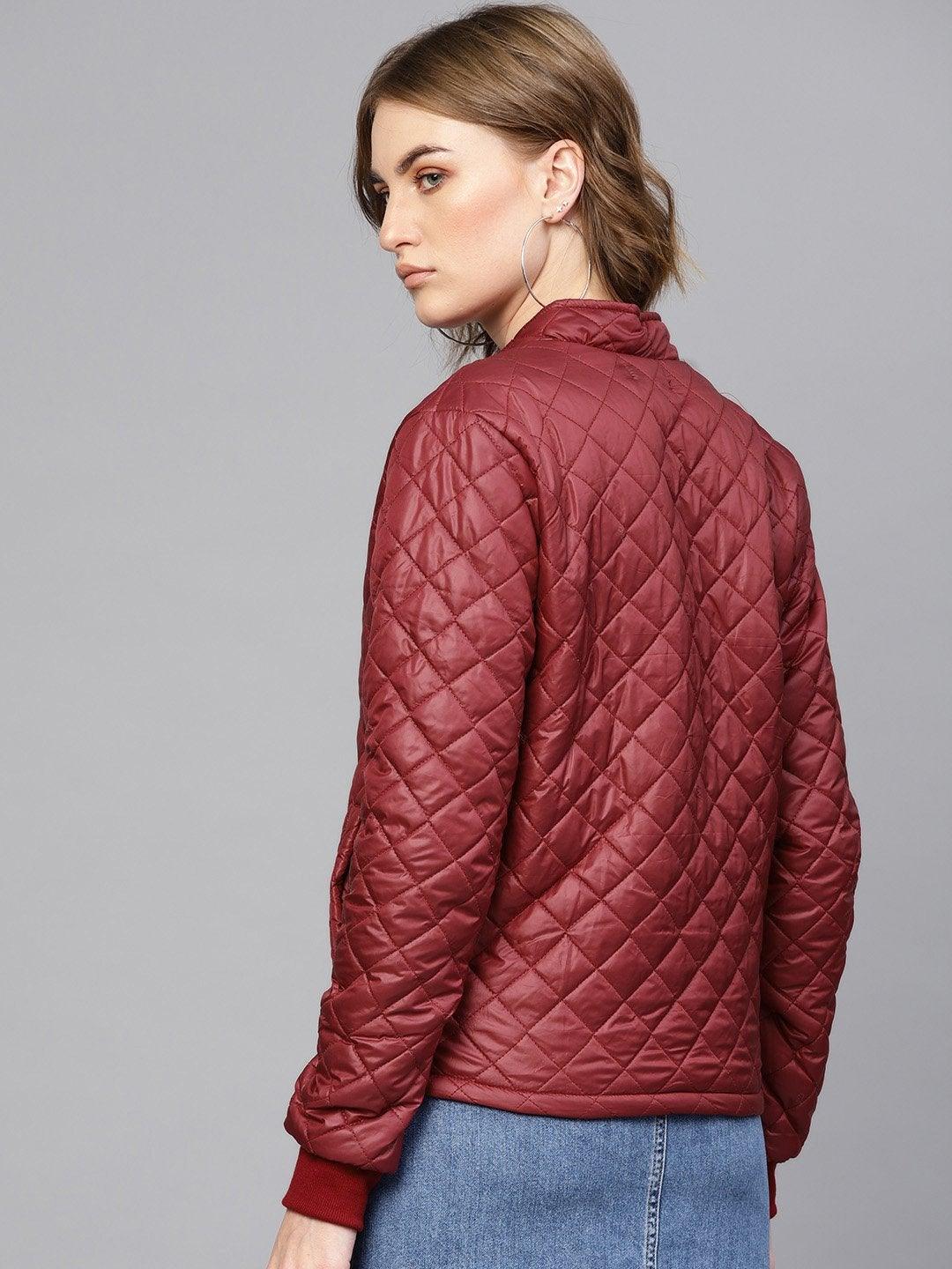 Women's Burgundy Quilted Jacket With Zip On Sleeves - SASSAFRAS - Indiakreations