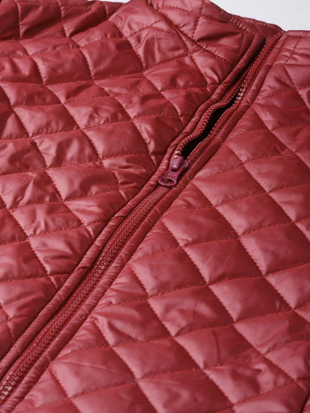 Women's Burgundy Quilted Jacket With Zip On Sleeves - SASSAFRAS - Indiakreations