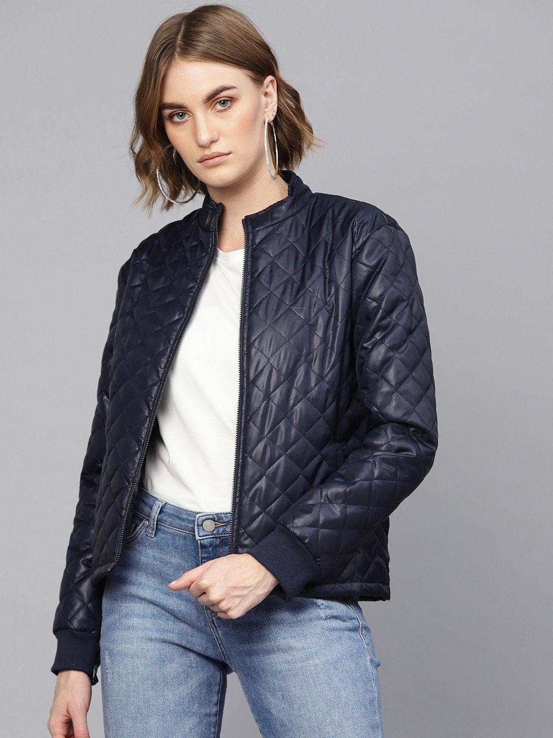 Women's Navy Quilted Jacket With Zip Sleeves - SASSAFRAS - Indiakreations