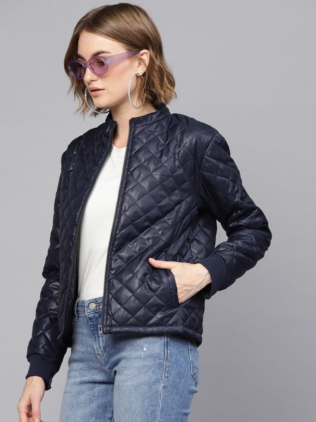 Women's Navy Quilted Jacket With Zip Sleeves - SASSAFRAS - Indiakreations