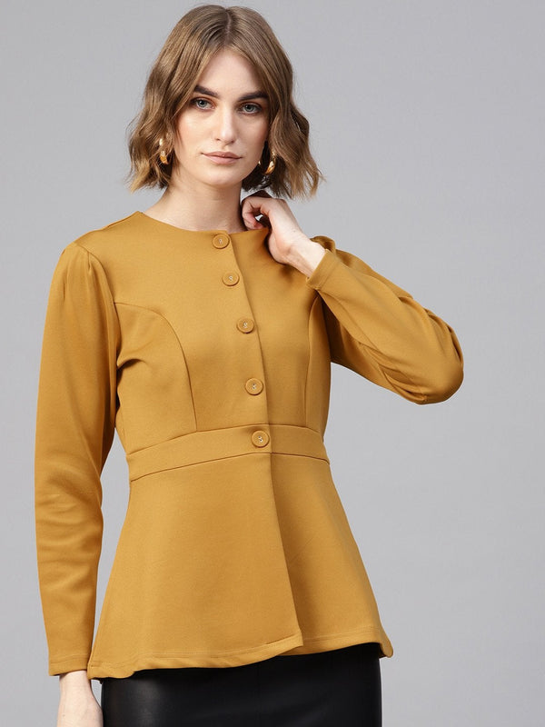 Women's Mustard Scuba Double-Breast Peplum Coat - SASSAFRAS