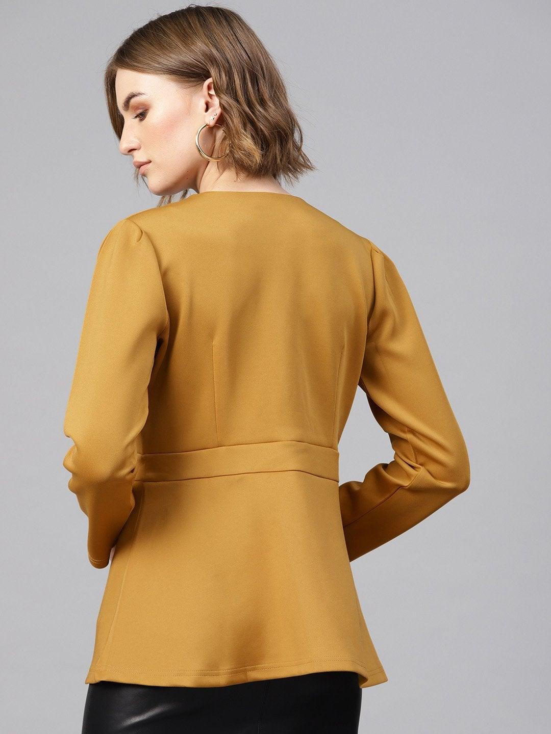 Women's Mustard Scuba Double-Breast Peplum Coat - SASSAFRAS - Indiakreations