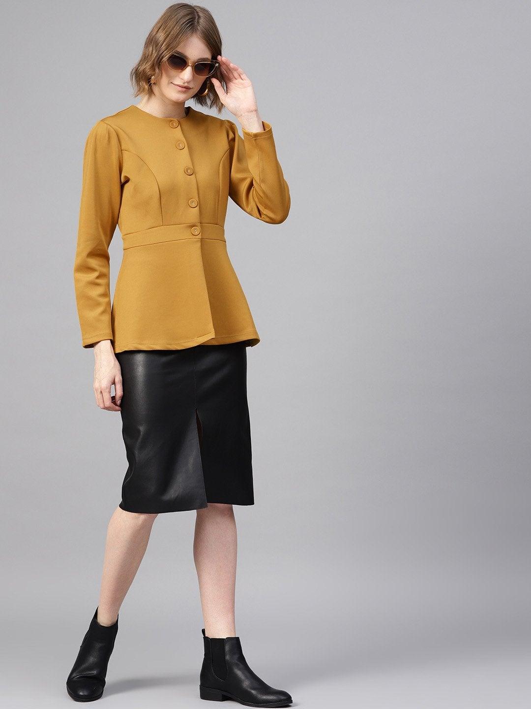 Women's Mustard Scuba Double-Breast Peplum Coat - SASSAFRAS - Indiakreations