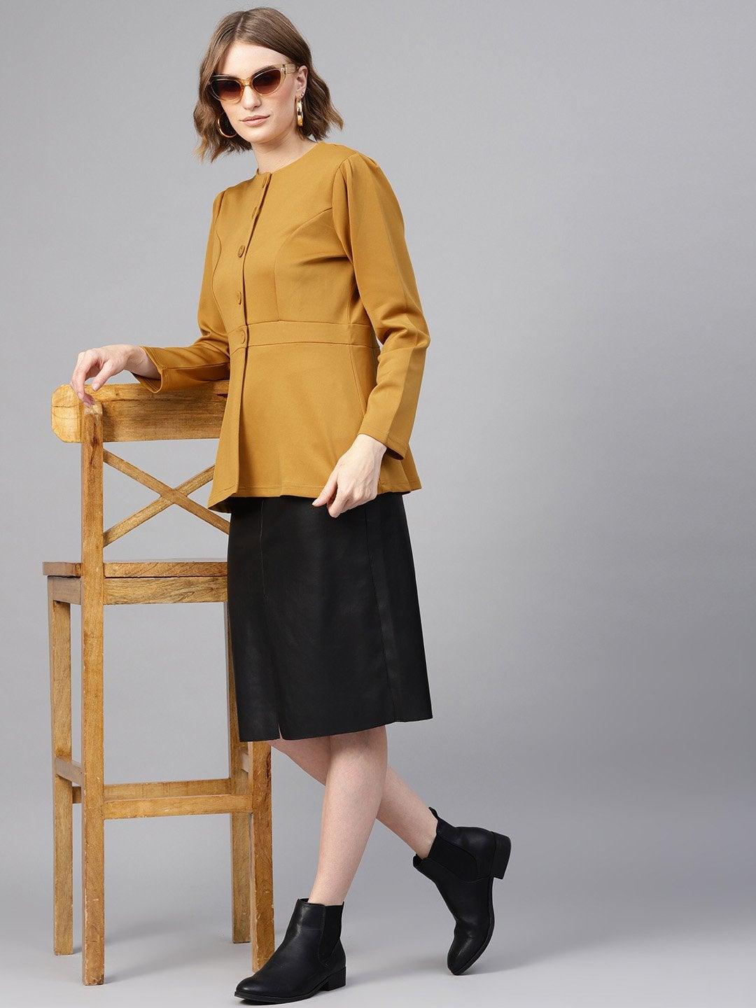 Women's Mustard Scuba Double-Breast Peplum Coat - SASSAFRAS - Indiakreations