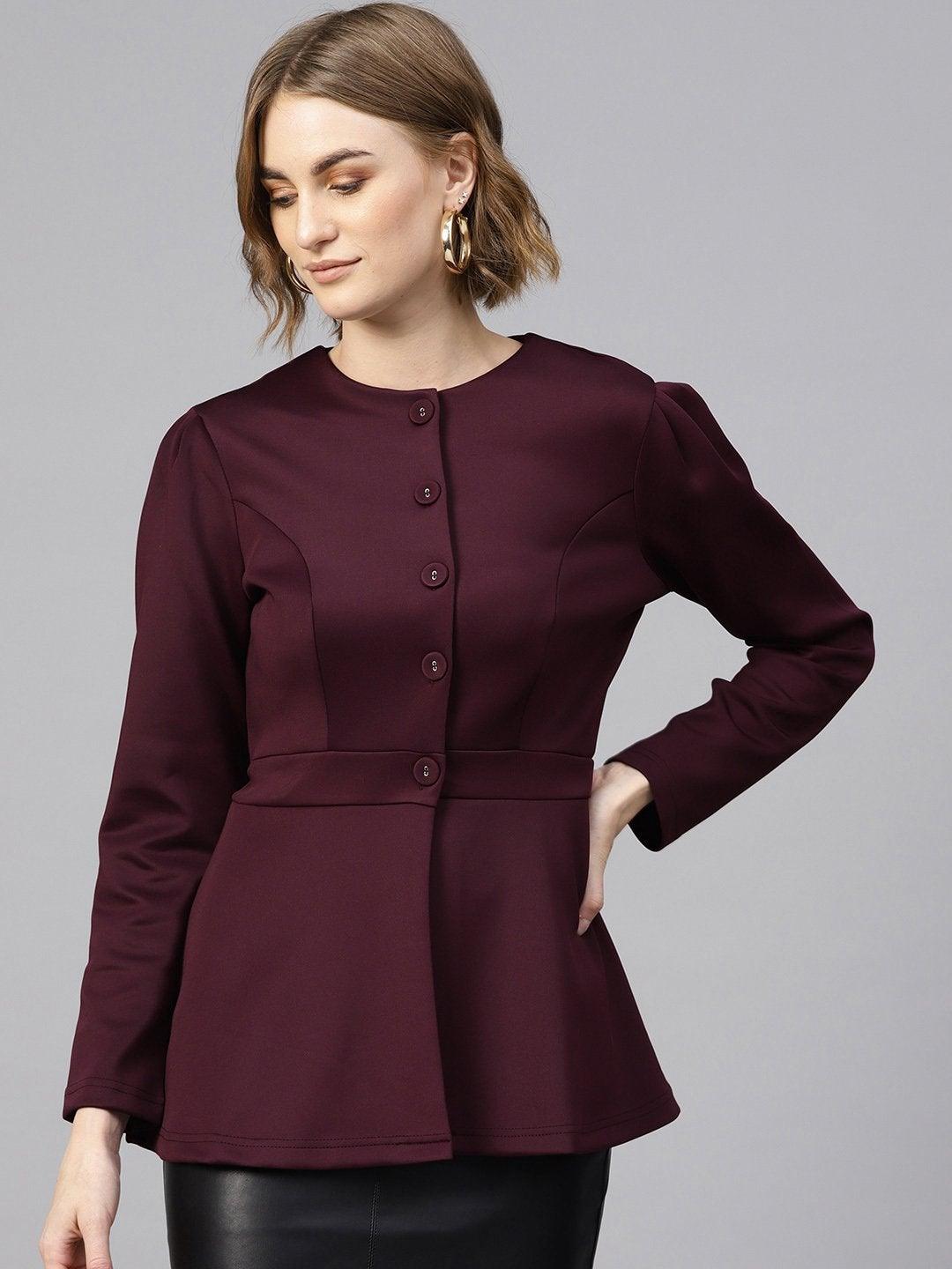 Women's Burgundy Scuba Double-Breast Peplum Coat - SASSAFRAS - Indiakreations