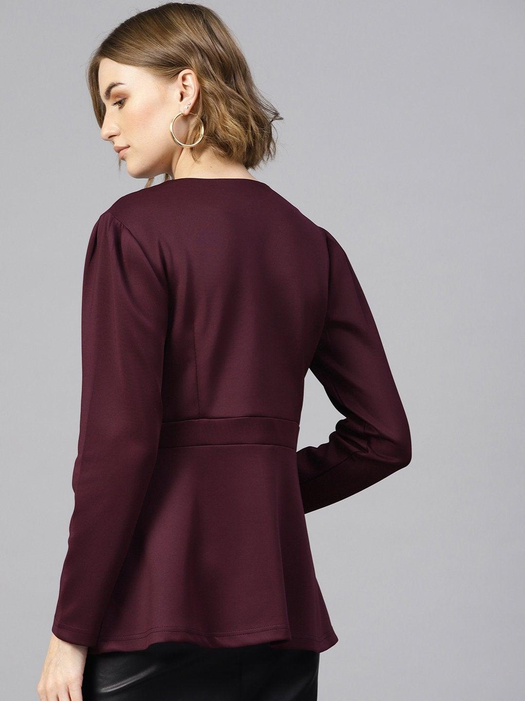 Women's Burgundy Scuba Double-Breast Peplum Coat - SASSAFRAS - Indiakreations