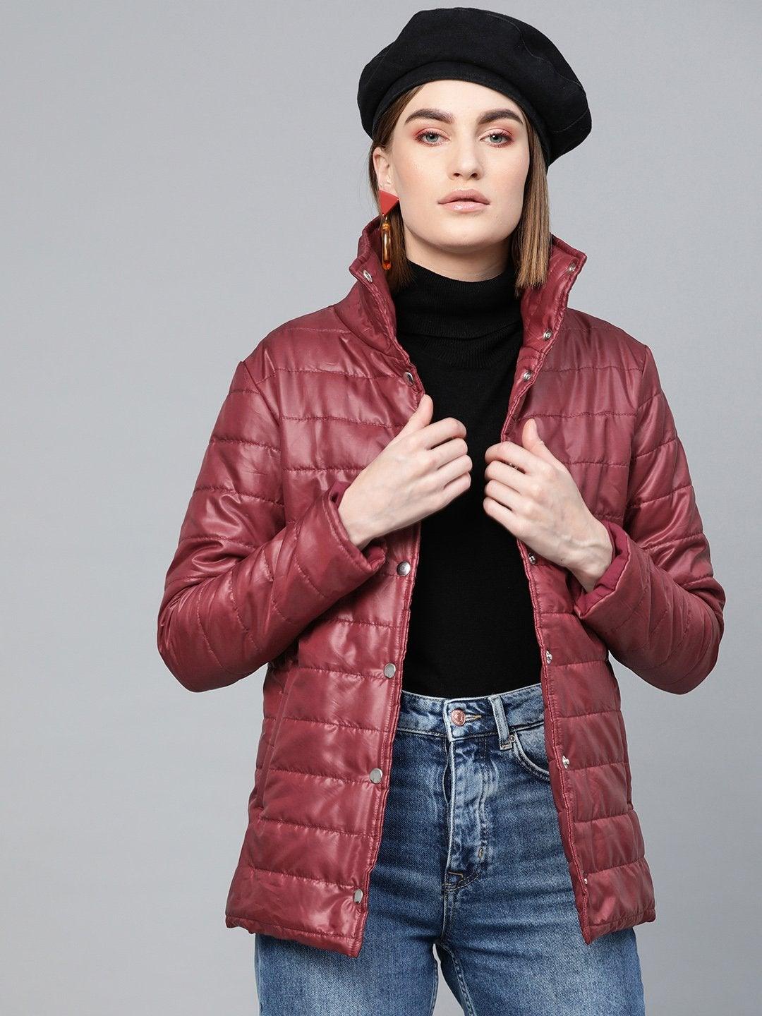 Women's Burgundy High Neck Qulited Jacket - SASSAFRAS - Indiakreations