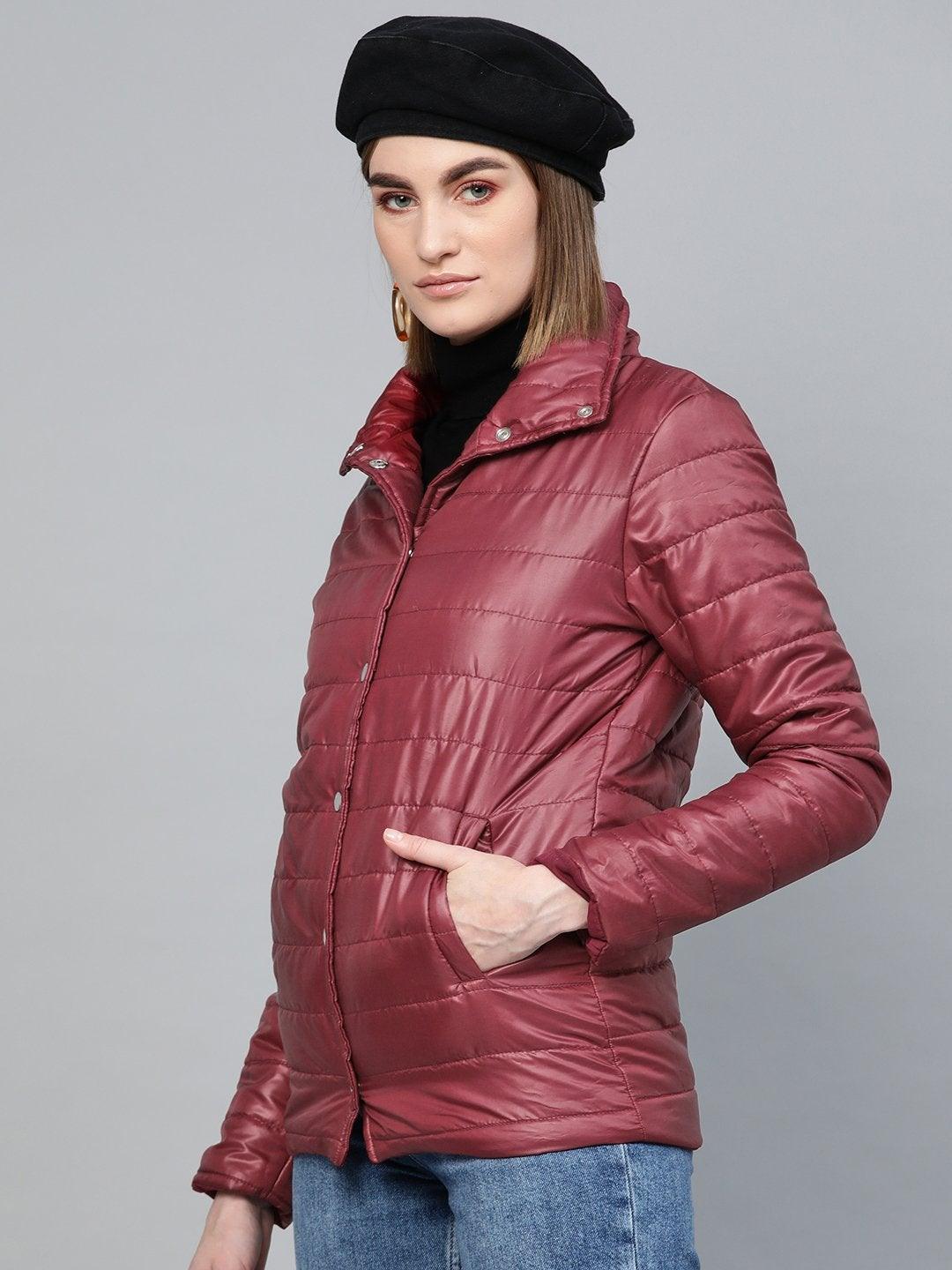 Women's Burgundy High Neck Qulited Jacket - SASSAFRAS - Indiakreations