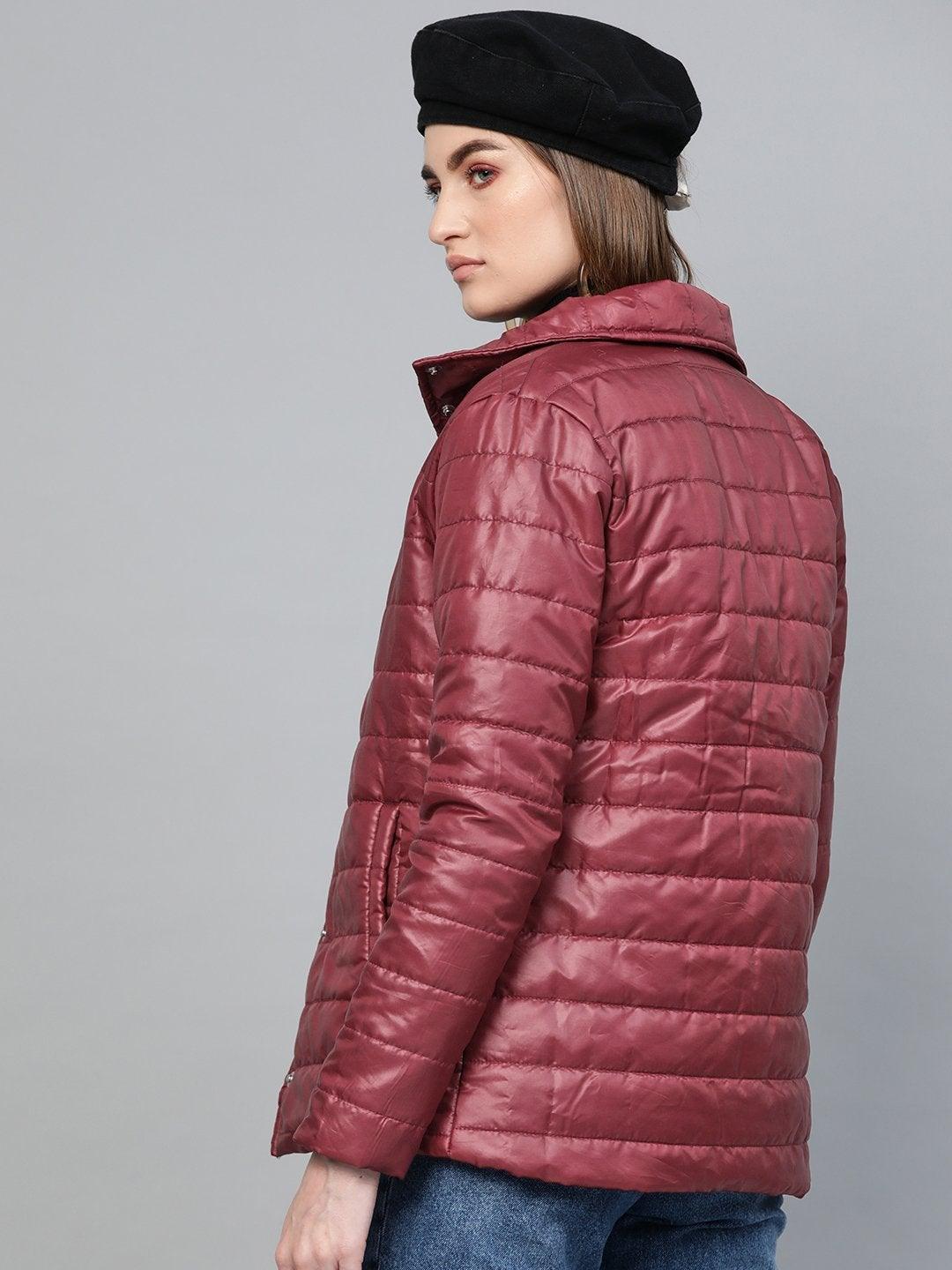 Women's Burgundy High Neck Qulited Jacket - SASSAFRAS - Indiakreations