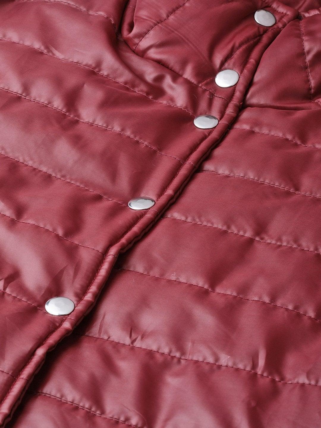 Women's Burgundy High Neck Qulited Jacket - SASSAFRAS - Indiakreations