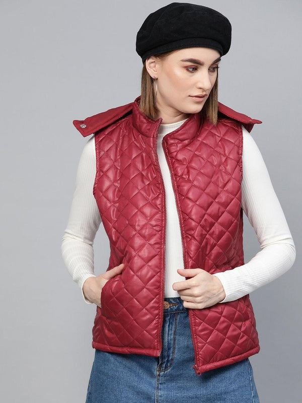 Women's Maroon Quilted Sleeveless Hood Jacket - SASSAFRAS - Indiakreations