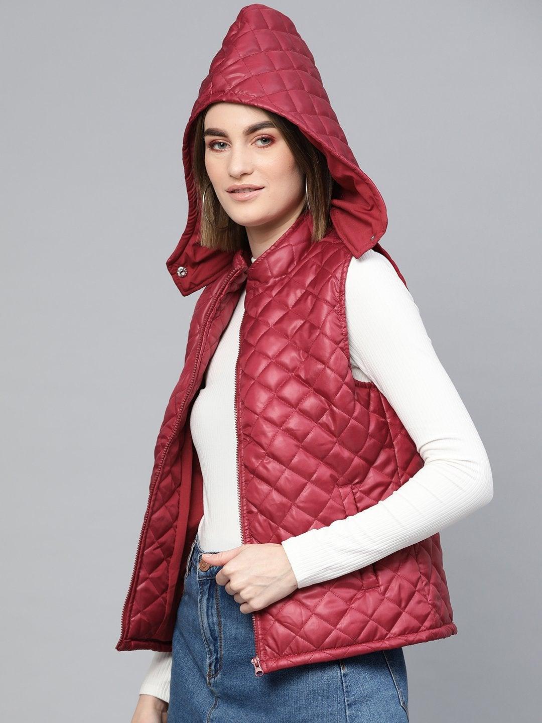 Women's Maroon Quilted Sleeveless Hood Jacket - SASSAFRAS - Indiakreations