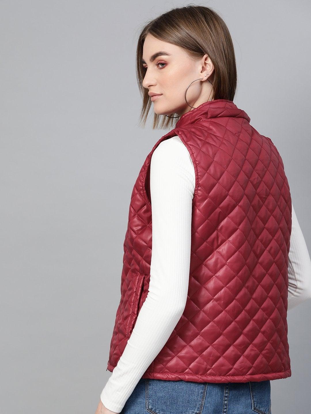 Women's Maroon Quilted Sleeveless Hood Jacket - SASSAFRAS - Indiakreations