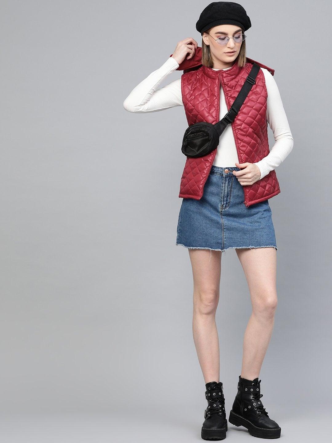 Women's Maroon Quilted Sleeveless Hood Jacket - SASSAFRAS - Indiakreations