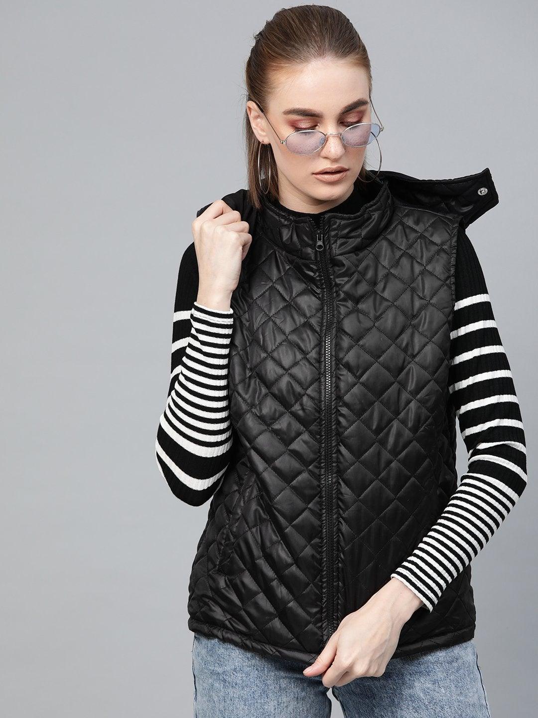 Women's Black Quilted Sleeveless Hood Jacket - SASSAFRAS - Indiakreations