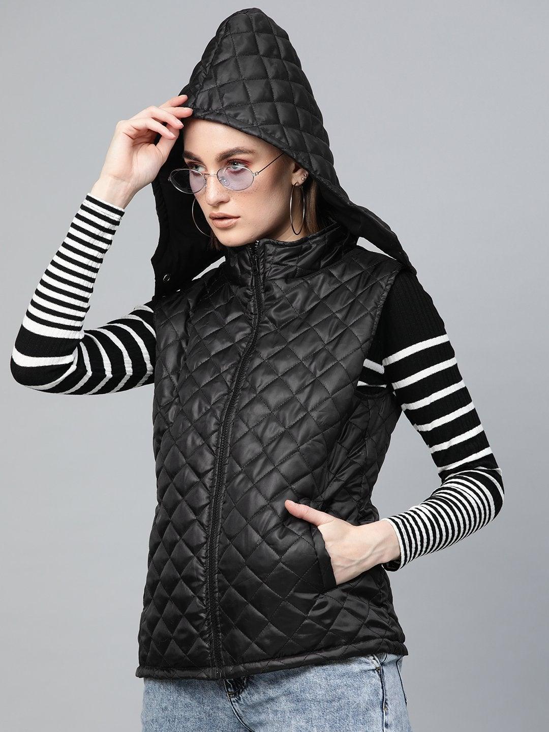 Women's Black Quilted Sleeveless Hood Jacket - SASSAFRAS - Indiakreations