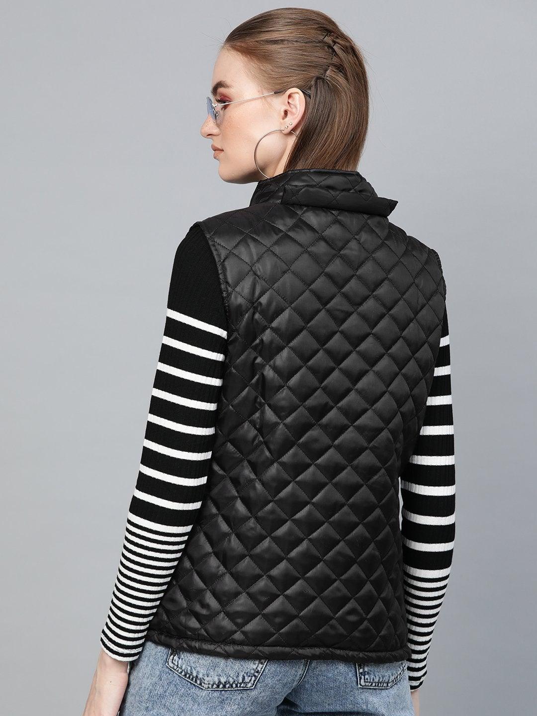 Women's Black Quilted Sleeveless Hood Jacket - SASSAFRAS - Indiakreations