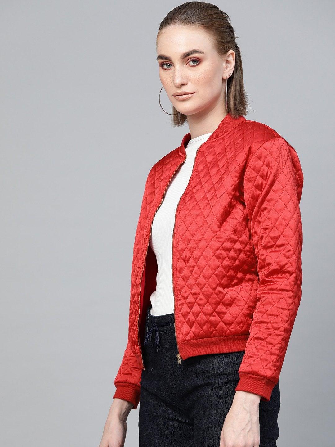 Women's Red Quilting Bomber Jacket - SASSAFRAS - Indiakreations