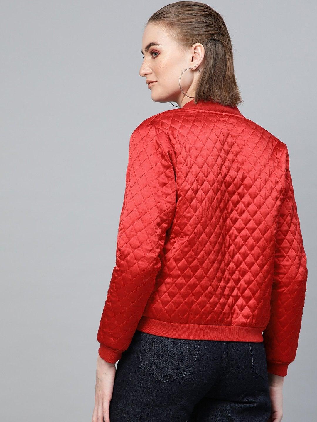 Women's Red Quilting Bomber Jacket - SASSAFRAS - Indiakreations