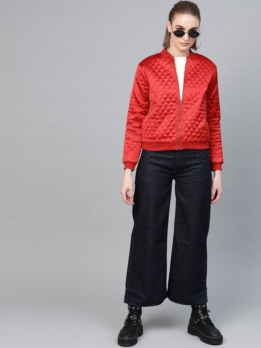 Women's Red Quilting Bomber Jacket - SASSAFRAS - Indiakreations