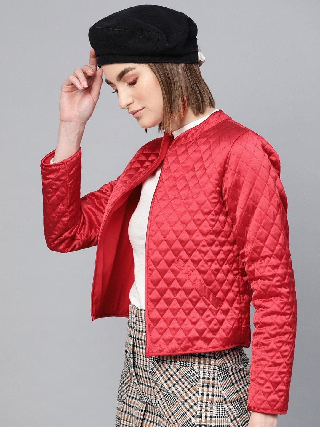 Women's Red Front Open Quilted Jacket - SASSAFRAS - Indiakreations