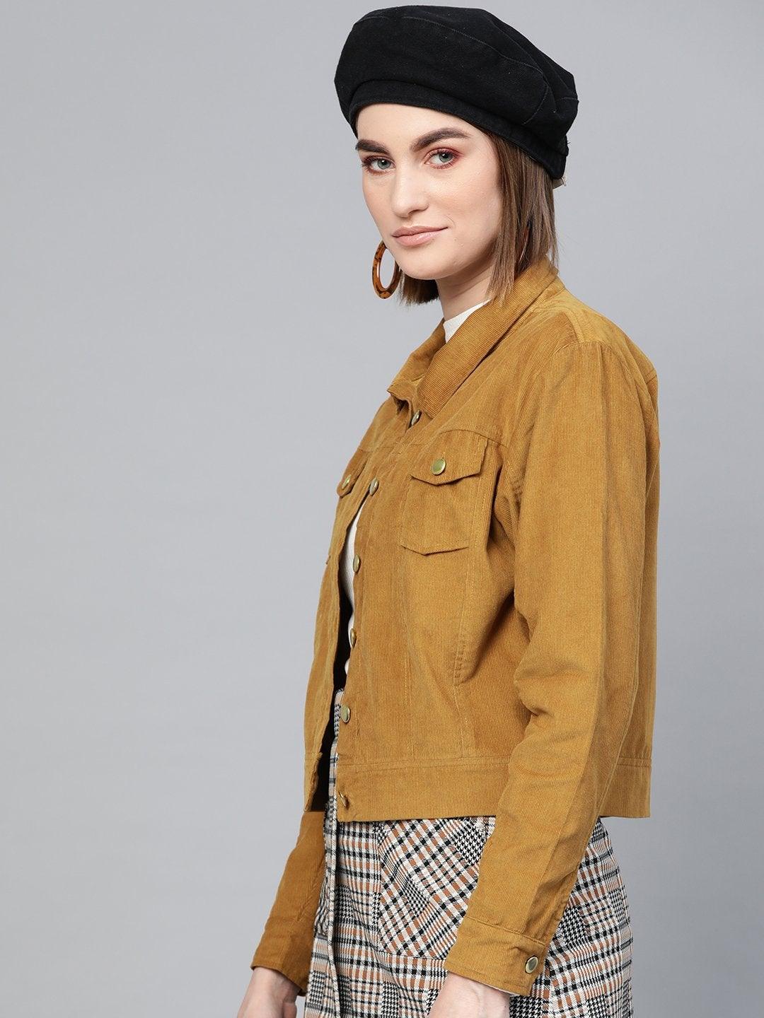 Women's Brown Corduroy Bomber Jacket - SASSAFRAS - Indiakreations