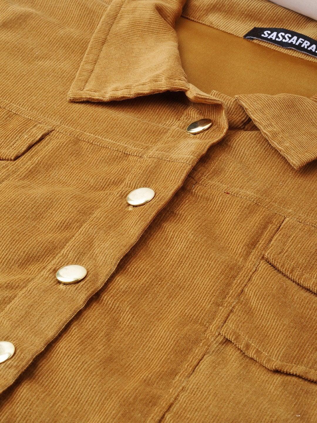 Women's Brown Corduroy Bomber Jacket - SASSAFRAS - Indiakreations