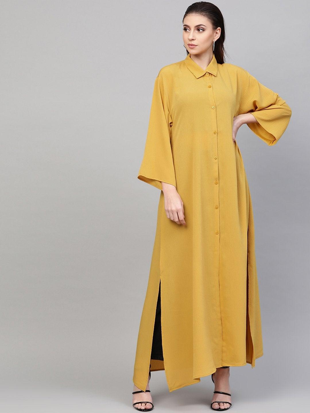 Women's Mustard Button Placket Longline Shrug - SASSAFRAS - Indiakreations