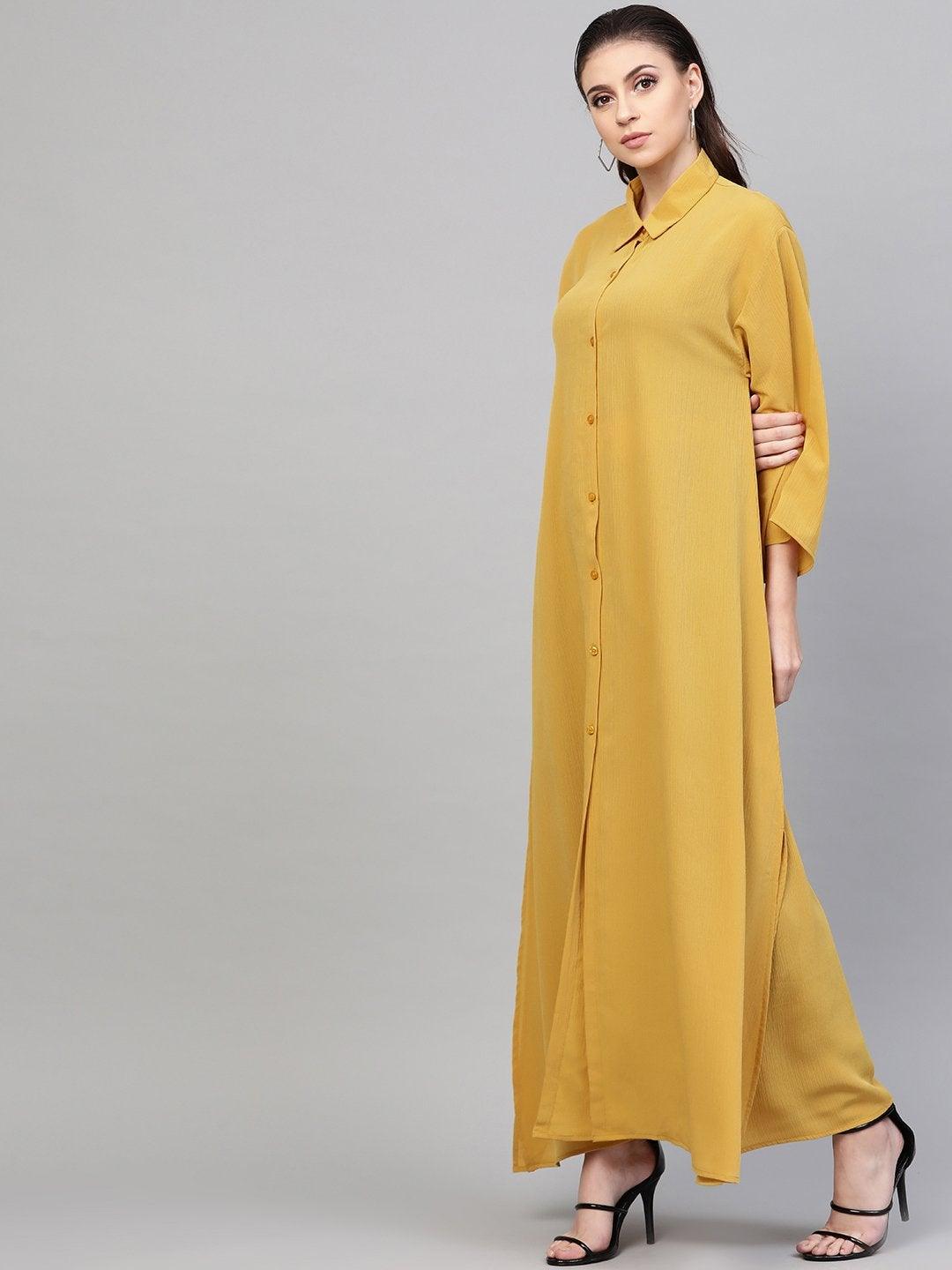 Women's Mustard Button Placket Longline Shrug - SASSAFRAS - Indiakreations