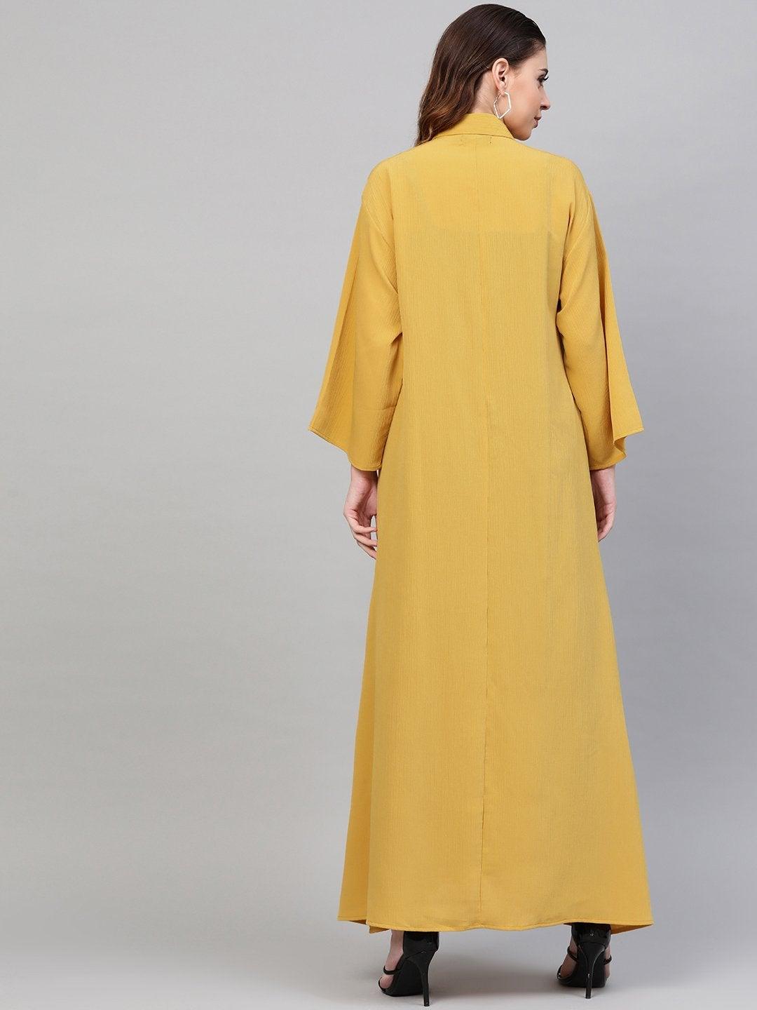 Women's Mustard Button Placket Longline Shrug - SASSAFRAS - Indiakreations