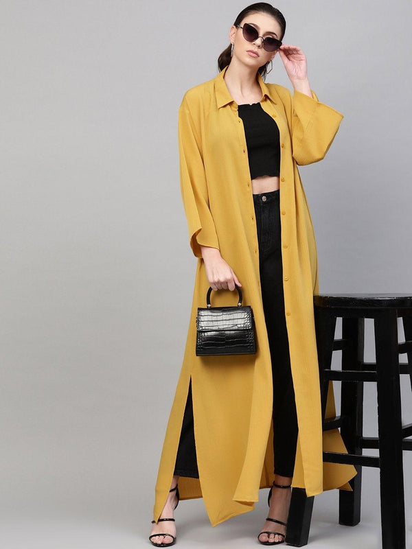 Women's Mustard Button Placket Longline Shrug - SASSAFRAS - Indiakreations