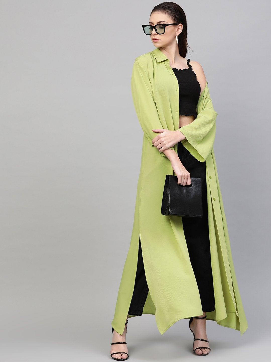 Women's Mint Green Button Placket Longline Shrug - SASSAFRAS - Indiakreations