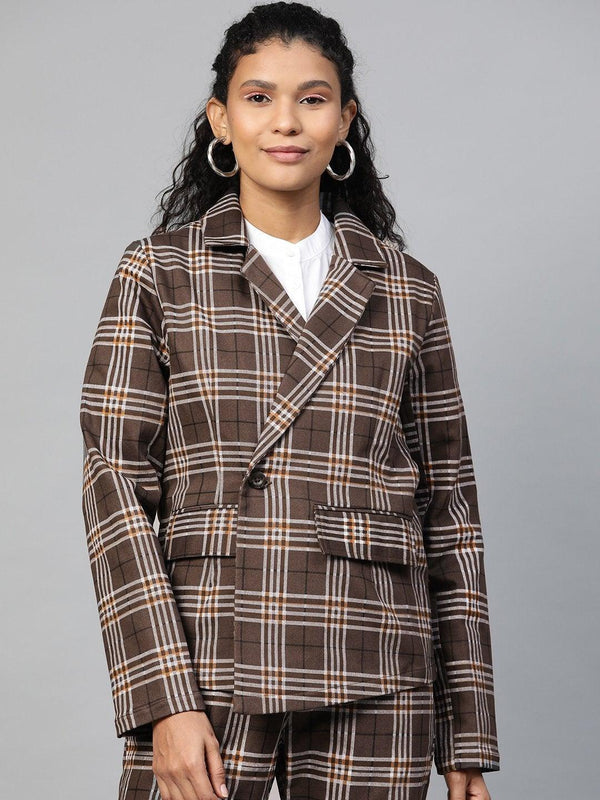 Women's Brown Check Wrap Twill Blazer - SASSAFRAS - Indiakreations