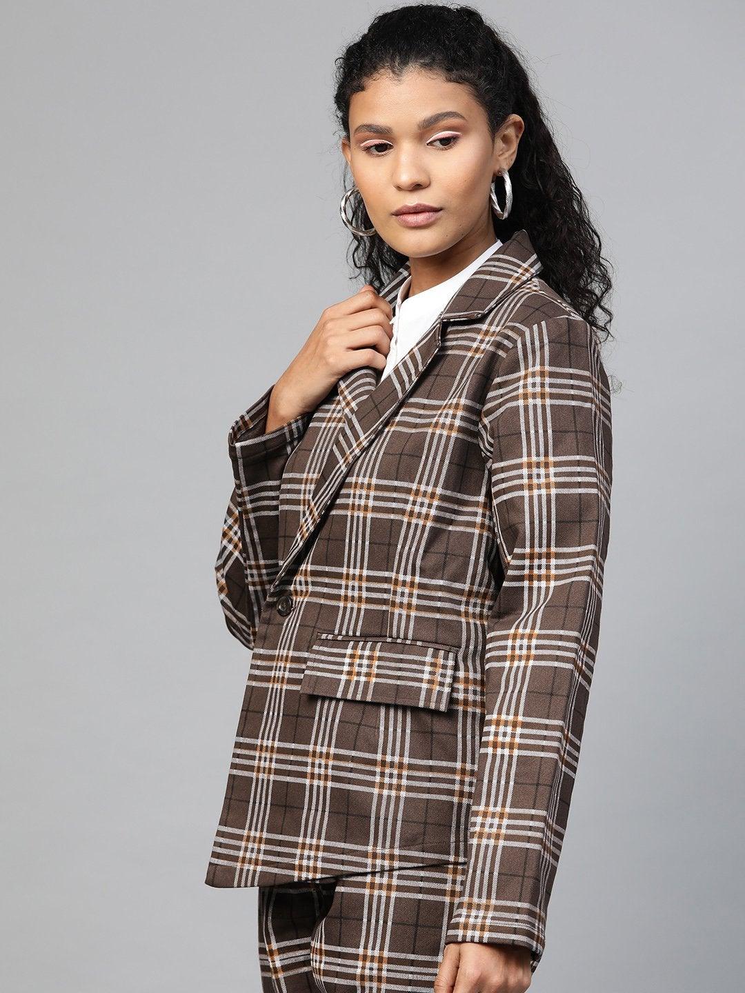 Women's Brown Check Wrap Twill Blazer - SASSAFRAS - Indiakreations