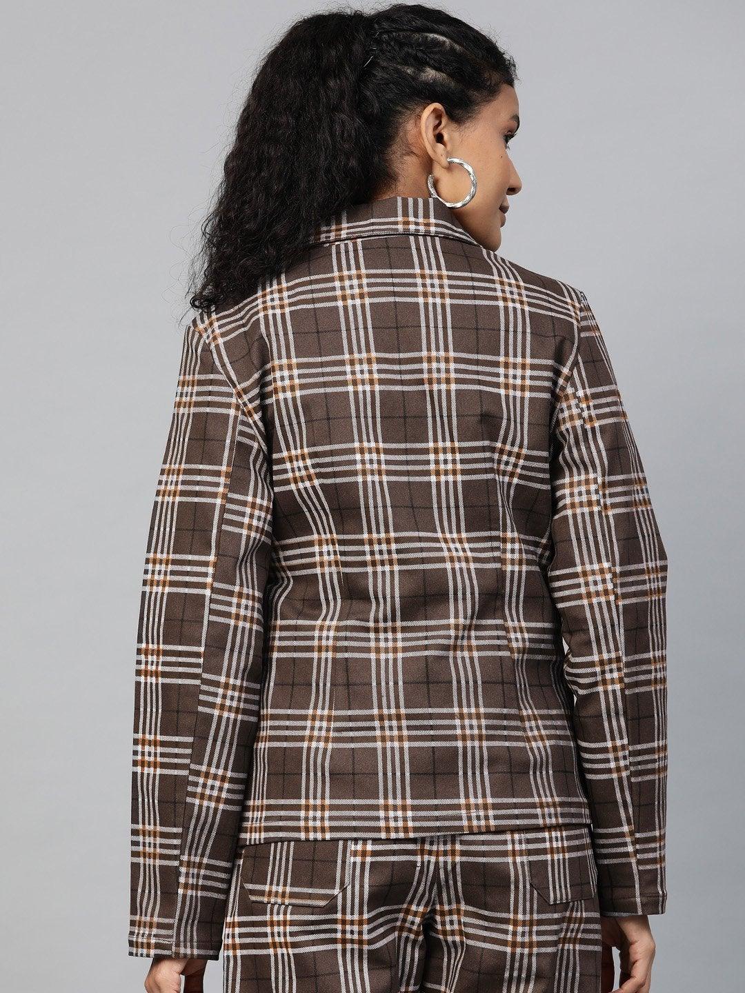 Women's Brown Check Wrap Twill Blazer - SASSAFRAS - Indiakreations