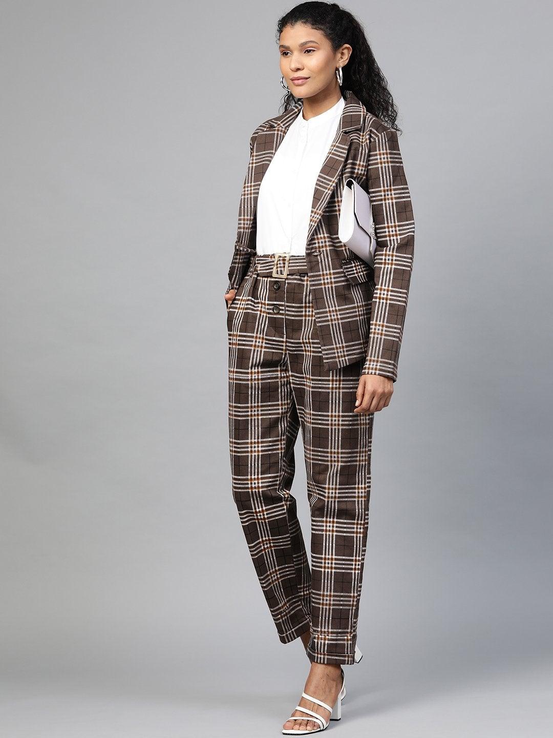 Women's Brown Check Wrap Twill Blazer - SASSAFRAS - Indiakreations