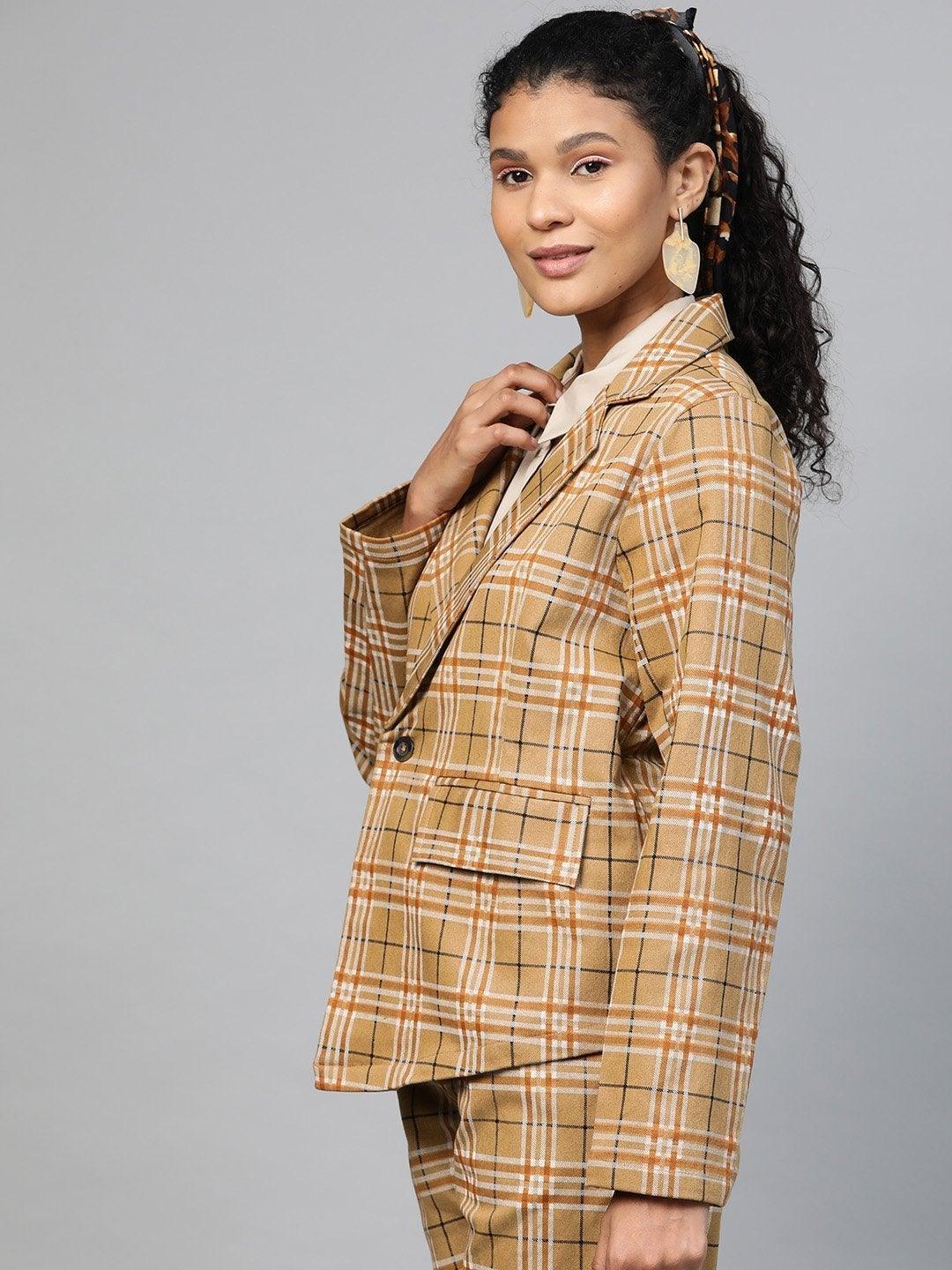 Women's Beige Check Wrap Twill Blazer - SASSAFRAS - Indiakreations