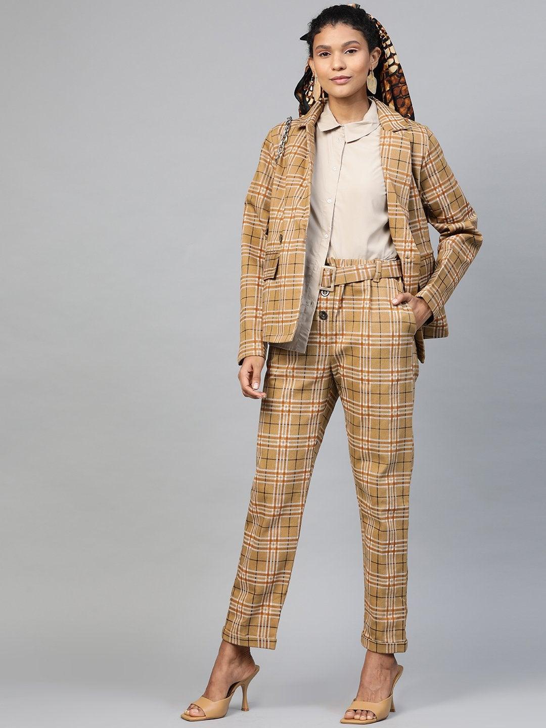 Women's Beige Check Wrap Twill Blazer - SASSAFRAS - Indiakreations