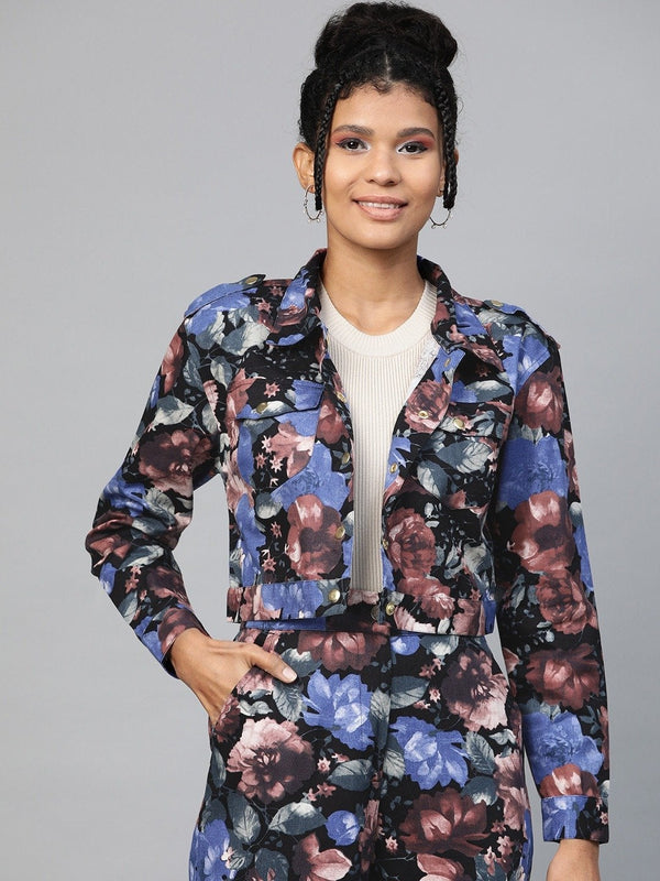 Women's Blue Floral Crop Twill Jacket - SASSAFRAS