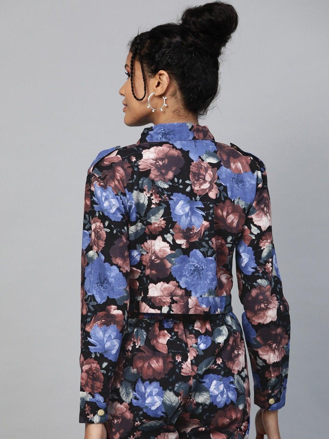 Women's Blue Floral Crop Twill Jacket - SASSAFRAS - Indiakreations