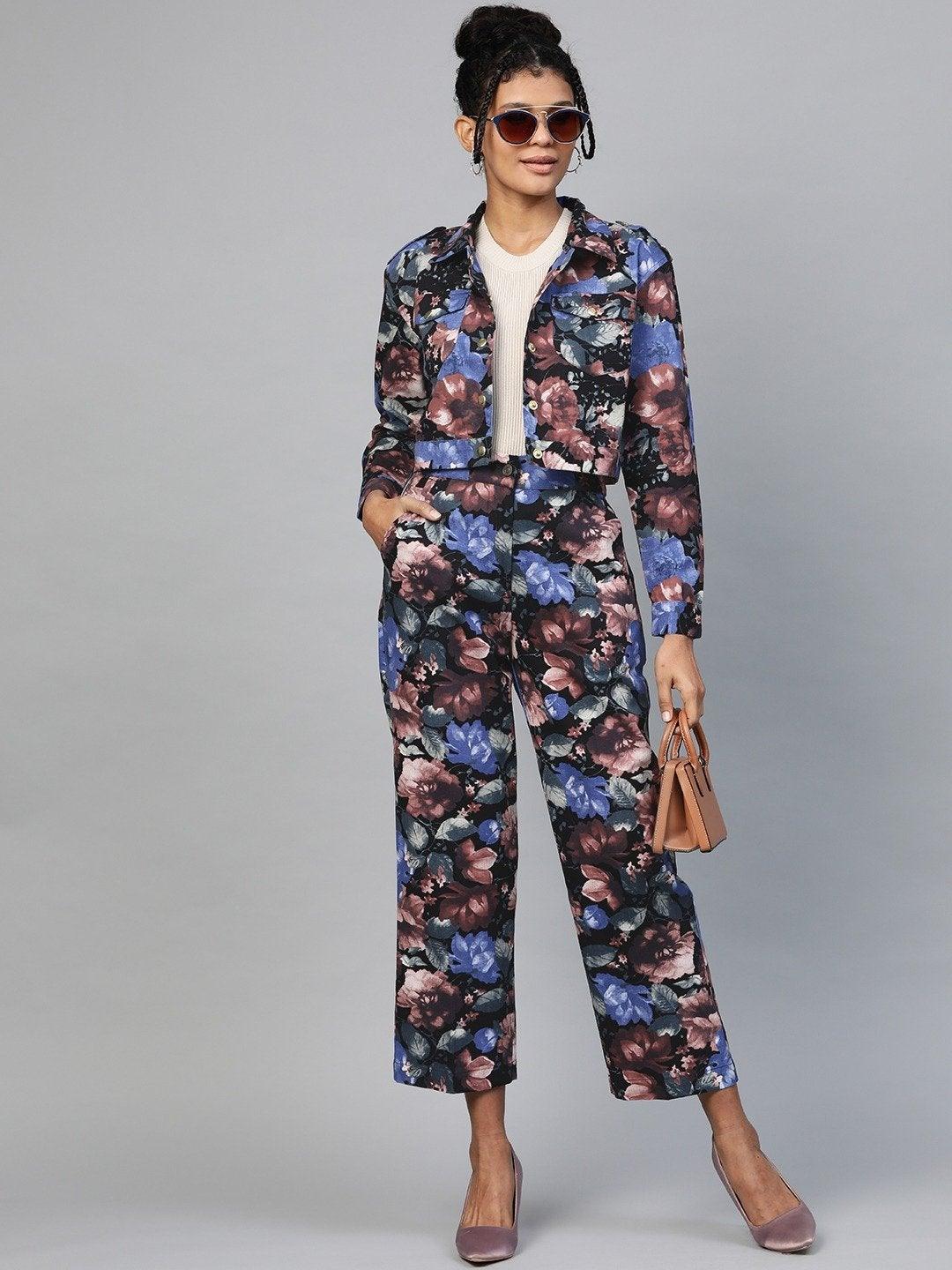 Women's Blue Floral Crop Twill Jacket - SASSAFRAS - Indiakreations