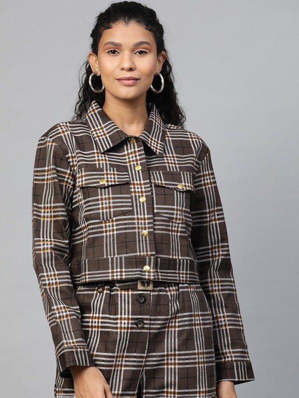 Women's Brown Check Crop Twill Jacket - SASSAFRAS - Indiakreations