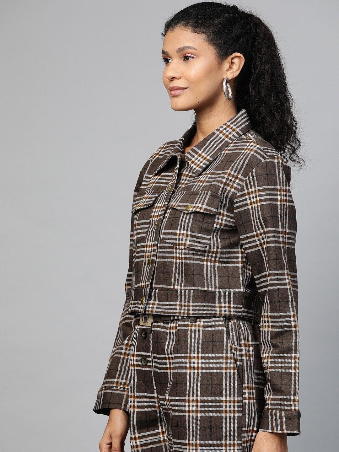 Women's Brown Check Crop Twill Jacket - SASSAFRAS - Indiakreations