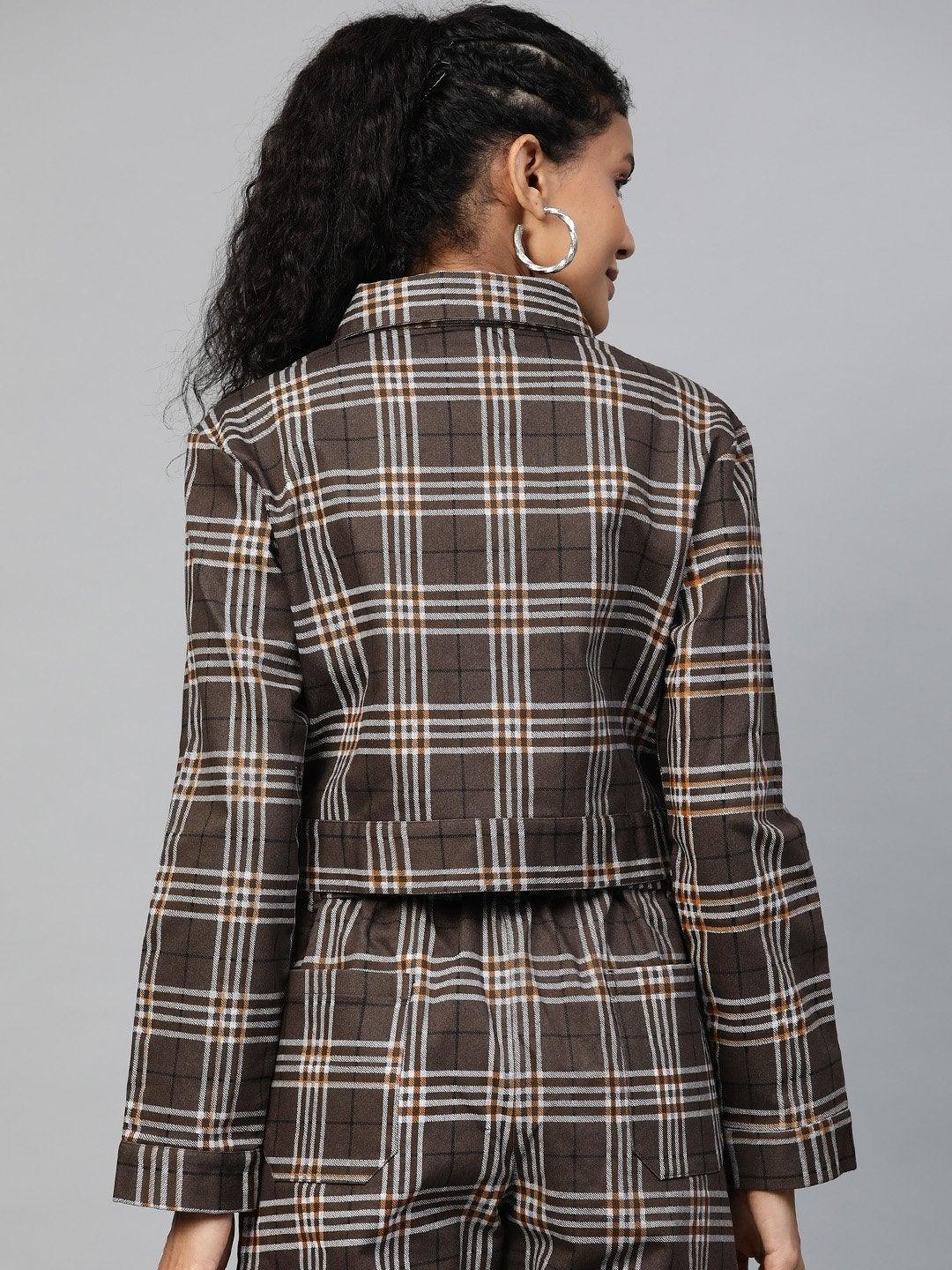 Women's Brown Check Crop Twill Jacket - SASSAFRAS - Indiakreations